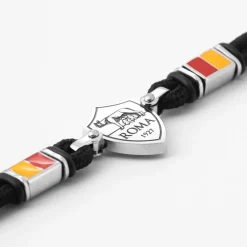 AS Roma Bracciale con placca centrale logo in acciaio anallergico e cordino in tessuto regolabile nero Shop